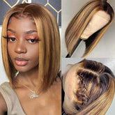 T Part Wig Highlight Color Straight Short Bob Wigs 13x4 Lace Part Wig - MeetuHair